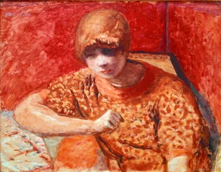 Oranssi pusero Nuori unenomainen nainen istuu on pöytä punaisella pohjalla. Pierre Bonnardin (1867-1947) maalaus 1913 Dim. 52x67 cm Pariisi, yksityinen kokoelma
