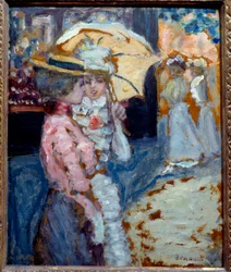 Kävely Kaksi tyylikästä nuorta naista pukeutuneena muotiin Belle Epoque puhumassa sateenvarjon alla. Pierre Bonnardin (1867-1947) maalaus 1900 Sun. 0,38x0,21 m Yksityinen kokoelma