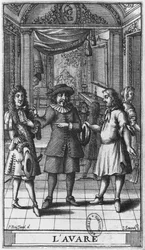 Moliere Harpagonina, etukappaleen kuvitus Molieren "The Miser" -teoksesta, kaiverrettu Jean Sauve (fl.1660-91) painos 1682