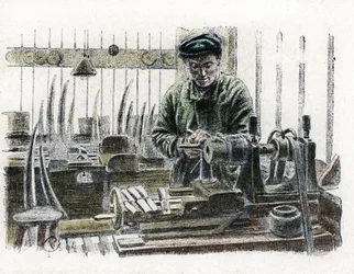 Norsunluutyöntekijä veistämällä norsun hampaat työssään työpajassaan, joka työskentelee norsujen suojan parissa (Ivory-työntekijä veistää norsunhampaita) Kaiverrus Pierre Calmette Collection privee:stä Excursion a travers les metiers