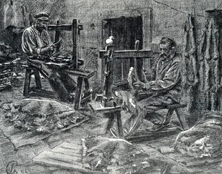 Artesãos descarnando as peles de carneiro Gravura de “Excursion a travers les métiers” de Pierre Calmette Coleção particularfinlandês