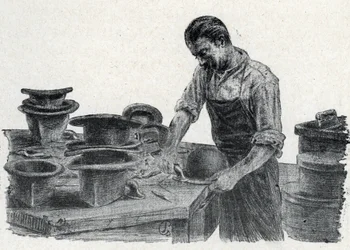 Hatuntekijä: keilahatun reunojen kiinnitys (keilahatun tekeminen) Pierre Calmetten yksityiskokoelman "Excursion a travers les metiers" -teoksesta piirretty kaiverrus
