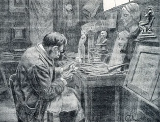 Muncitor de fildeș care sculptează fildeșul cu dalți, răzuitoare și gușuri Gravura din „Excursion a travers les metiers” de Pierre Calmette Colecția privată finlandeză
