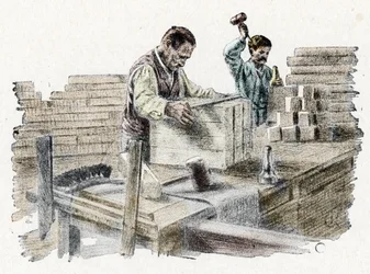 Savonnerie: le découpage des breads de soap (saippuapatukoiden valmistus) Kaiverrus Pierre Calmetten teoksesta "Excursion through the trades" Yksityinen kokoelma