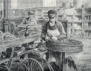 Trabalhadores fixando os raios nos aros de uma bicicleta durante sua fabricação (fabricação de bicicletas) Gravura de Pierre Calmette Coleção particularfinlandês