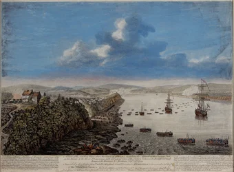 Näkymä Quebecin kaupungin yläpuolella sijaitsevasta laskeutumispaikasta, jossa kuvataan hyökkäystä...Hauteurs DAbraham Septr. 13. joulukuuta 1759, noin 1760