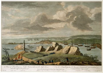 Näkymä Louisburgista Pohjois-Amerikassa lähellä Majakkaa, kun kaupunki piiritettiin vuonna 1758 (viivakaiverrus, värillinen)