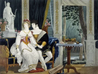 Nuori porvarillinen pari sisustuksessa galantissa keskustelussa - kirjoittanut Pierre Chasselat, deb. 1800-luvulla