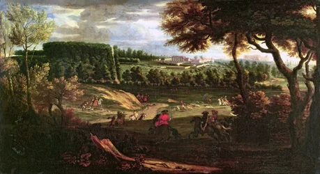 Ludvig XIV (1638-1715) Metsästys Marlyssa ja näkymä Chateau Vieux de Saint Germainiin