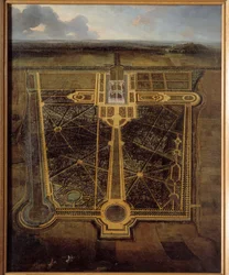 Perspektiivikuva linnasta ja puistosta a la francaise Pierre Denis Martinin (1663-1742) maalaus 1711 Rouen, Musee des Beaux Arts