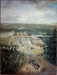 Perspektiivinäkymä Trianonin linnaan ja puutarhoihin: kuningas Ludvig XV:n kävelykatu hevosen selässä. Pierre Denis Martinin (1663-1742) maalaus. 1700-luvulla. Himmeä. 2,96 x 2,23 m. Versailles, musee du Chateau - Perspektiivinäkymä Trian linnaan ja puutar