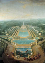 Perspektiivikuva Marlyn linnasta, kuningas Ludvig XV (1710-1774) lapsi vaunuissa kulkee kastelukaukalon edessä Pierre Denis Martinin (1663-1742) maalaus 1724 Su. 2,96 x 2,24 m