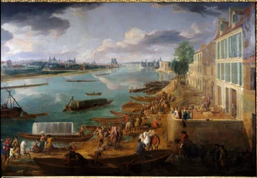 Näkymä Pariisiin, otettu Quai de la Rapeelta vuonna 1716 Yksityiskohta veneistä Seinen ja aktiviteeteista. Pierre Denis Martinin (1663-1742) maalaus 1716 su. 1,7x3,15 m Pariisi, Musee Carnavalet.