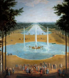 Näkymä Apollon altaalle ja Versaillesin suurelle kanavalle vuonna 1713, etualalla: Kuningas Ludvig XIV:llä (1638-1715) on kävelykatu noin 1713 Yksityiskohta Pierre Denis Martinin (1663-1742) Sun maalauksesta. 2,6x1,3 m