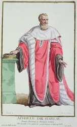 Achille de Harlay teoksesta "Receuil des Estampes, Representant des Rangs et des Dignites, kaikkien olemassa olevien kansakuntien puvun mukaan", julkaistu 1780 (käsinvärinen kaiverrus)