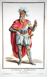 Alfonso V (1396-1458) Aragonian ja Sisilian kuningas, julkaisusta "Recueil des Estampes, representant les Rangs et les Dignites, suivant le Costume de toutes les Nations existantes", julkaistu 1780 (käsin väritetty kaiverrus).