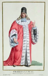 Charles le Beau (1701-78) kuvasta "Receuil des Estampes, Representant les Rangs et les Dignites, suivant le Costume de toutes les Nations existantes", julkaistu 1780 (käsin väritetty kaiverrus).
