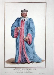 Pariisin yliopiston kanslerin mekko kirjasta "Receuil des Estampes, Representant les Rangs et les Dignites, kaikkien olemassa olevien kansakuntien puvun mukaan", julkaistu 1780 (käsinvärinen kaiverrus)