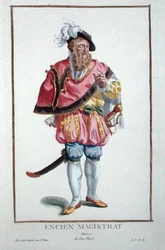 Sveitsiläisen tuomarin mekko kirjasta "Receuil des Estampes, Representant les Rangs et les Dignites, kaikkien olemassa olevien kansakuntien puvun mukaan", julkaistu 1780 (käsinvärinen kaiverrus)