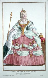 Elisabeth Petrovna (1709-62) Venäjän keisarinna (1741-62) kirjasta "Receuil des Estampes, joka edustaa rivejä ja arvokkaita kaikkien olemassa olevien kansakuntien puvun mukaan", julkaistu 1780 (käsinvärinen kaiverrus)