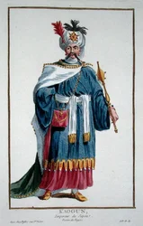 Keisari Kaugun kirjasta "Kuvakokoelma, joka edustaa arvoja ja arvoja, kaikkien olemassa olevien kansakuntien puvun mukaan", julkaistu 1780 (käsinvärinen kaiverrus)