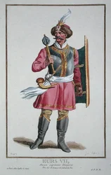 Eurs VII teoksesta "Receuil des Estampes, Representant les Rangs et les Dignites, suivant le Costume de toutes les Nations existantes", julkaistu 1780 (käsin väritetty kaiverrus).