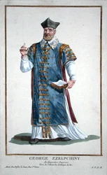 George Zzelpchiny kirjasta "Recuil des Estampes, joka edustaa arvoja ja arvokkaita kaikkien olemassa olevien kansakuntien puvun mukaan", julkaistiin 1780 (käsinvärinen kaiverrus)