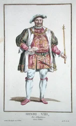 Henrik VIII (1491-1547) Englannin kuningas (1509-47) kirjasta "Receuil des Estampes, joka edustaa arvoja ja arvoja, kaikkien olemassa olevien kansakuntien puvun mukaan", julkaistiin 1780 (käsinvärinen kaiverrus)