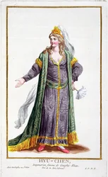 Hyu-Chen, Tšingis-kaanin vaimo, kirjasta "Receuil des Estampes, joka edustaa arvoja ja arvokkaita kaikkien olemassa olevien kansakuntien puvun mukaan", julkaistiin 1780 (käsinvärinen kaiverrus)