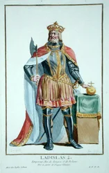 Ladislaw I (1040-95), Böömin kuningas kuvasta "Receuil des Estampes, representant les Rangs et les Dignites, suivant le Costume de toutes les Nations existantes", julkaistu 1780 (käsin väritetty kaiverrus).