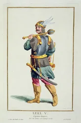 Leel V julkaisusta "Recueil des Estampes, Representant les Rangs et les Dignites, kaikkien olemassa olevien kansakuntien puvun mukaan", julkaistu 1780 (käsinvärinen kaiverrus)