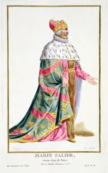 Marino Falier (1274-1355) Venetsian dogi, julkaisusta "Receuil des Estampes, Representant les Rangs et les Dignites, suivant le Costume de toutes les Nations existantes", julkaistu 1780 (käsin väritetty kaiverrus).