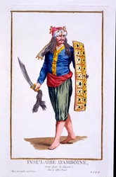 Kotoisin Amboinen saarelta, aseistettu sotaan, kirjasta "Recuil des Estampes, Representant les Rangs et des Dignités, The Costume of All Existing Nations", julkaistu 1780 (käsinvärinen e