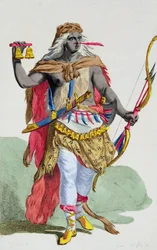 Kuningatar Anna Nzinga (1583-1663), teoksesta "Receuil des Estampes, representant les Rangs et les Dignites, suivant le Costume de toutes les Nations existantes", julkaistu 1780 (käsin väritetty kaiverrus).