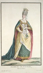 Baijerin kuningatar Isabella (1371-1435) teoksesta "Kuningaskokoelma, joka edustaa arvoja ja arvoja, kaikkien olemassa olevien kansakuntien puvun mukaan", julkaistu 1780 (käsinvärinen kaiverrus)