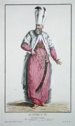 Sulttaani Achmet IV (r.1603-17) kirjasta "Receuil des Estampes, joka edustaa arvoja ja arvokkaita, kaikkien olemassa olevien kansakuntien puvun mukaan", julkaistiin 1780 (käsinvärinen kaiverrus)