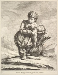 Lapsi koiran kanssa, kädessään viinikori, Premier Livre de Figures daprès les po..., 1757.