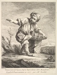 Etukappale, jossa pieni poika pitelee koria, Premier Livre de Figures daprès les po..., 1757.