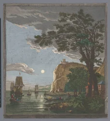 Näkymä rannikolle, jossa on laivoja ja veneitä vedessä kuunvalossa La pleine lune (otsikko esineessä)