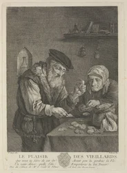 Vanhuuden iloja David Teniers nuoremman maalauksen jälkeen, 1700-luvun puoliväli.