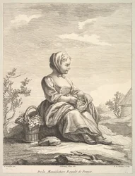 Pieni tyttö pitelee viinirypäleitä ja kori rinnallaan, Deuxième Livre de..., vuoden 1757 jälkeen.