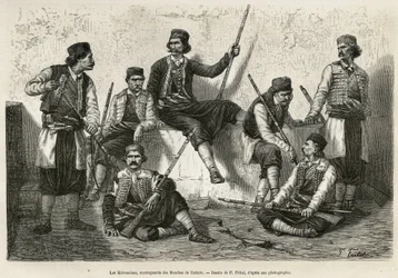 Krivošijanit, Bocche di Cattaron (eli Kotorin, Montenegron länsirannikolla sijaitsevan lahden) vuoristolaiset, tarttuvat aseisiin vastustaakseen itävaltalaisten joukkojen etenemistä. Kaiverrus P. Fritelin piirroksen mukaan, kuvitukseksi C:n