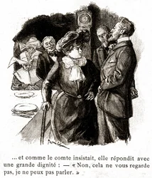 "Boule de Suif": Elisabeth Rousset kieltäytyy vastaamasta kreiville, 1900-luvun alku (kuvitus).