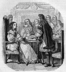 Kuningatar Christine of Suede (1626-1689) vierailu Academy Francaisessa Pariisissa kardinaali Richelieun G. Staalin kaiverruksen läsnä ollessa