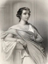 Aspasia of Milet (n. 470-410 eKr.) kuvitus Mary Cowden Clarken teoksesta "Maailman huomioidut naiset", 1858 (kaiverrus)
