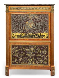 Louis XVI Secretaire a Abatant, 1700-luvun lopulla (marmori, nahka, ormolu-kiinnitetty kuningaspuu, tulppaanipuu, amarantti, helmiäisuurteinen kiinalainen lakka ja japanilainen lakka) (katso myös 3479849)
