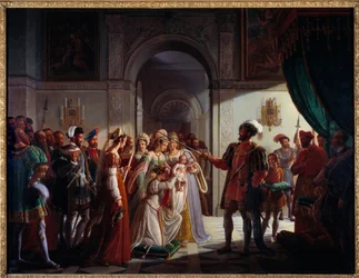 Francois I (1494-1547) aseistautunut ritari pojanpoikansa Francois II (1544-1560). Nuoren prinssin mukana ovat hänen vanhempansa Henrik II (1519-1559) ja Catherine de Medici (Caterina de Medici) (1519-1589). Pierre Henri Revoilin (1776-1842) maalaus