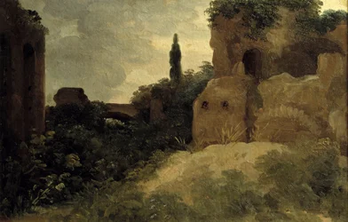 Villa Farnesessa, roomalaiset rauniot Pierre Valenciennesin (1750-1819) maalaus 1700-luvun su. 0,26x0,4 m