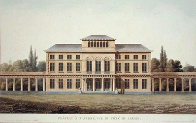 Chateau of St. Andre, puutarhasta, Pierre Jacques Goetghebuerin teoksesta "Valinta Alankomaiden kuningaskunnan merkittävimmistä monumenteista, rakennuksista ja taloista", kaiverrettu J. F. Van Gurdegom, julkaistu 1827 (akvatinta)