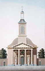 Pyhän Willebordin kirkko Haagissa, Pierre Jacques Goetghebuerin teoksesta "Alankomaiden kuningaskunnan merkittävimpien monumenttien, rakennusten ja talojen valinta", kaiverrus A. Tellus, julkaistu 1827 (akvatinta)